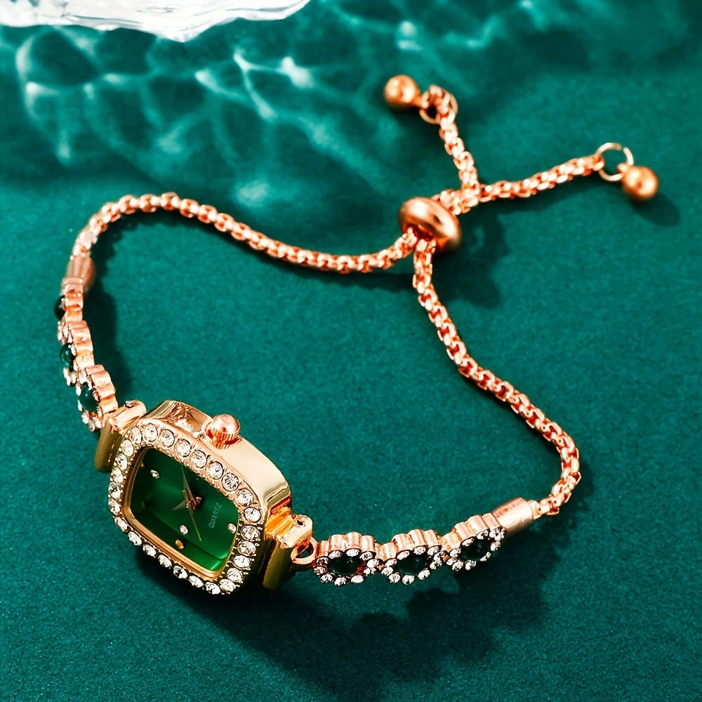 6pcs Set Elegant Women's Quartz Watch and Jewelry Set Luxurious Square Green Dial with Rhinestone Ac