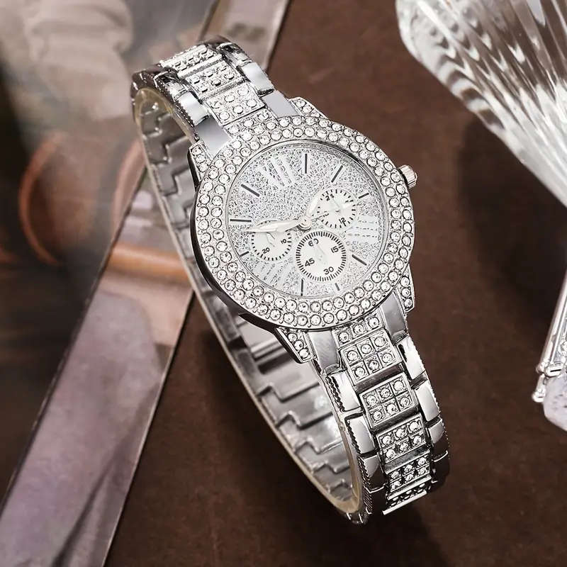 6-Piece Women's Fashion Quartz Watch Silver Rhinestone Necklace Earring Ring Set