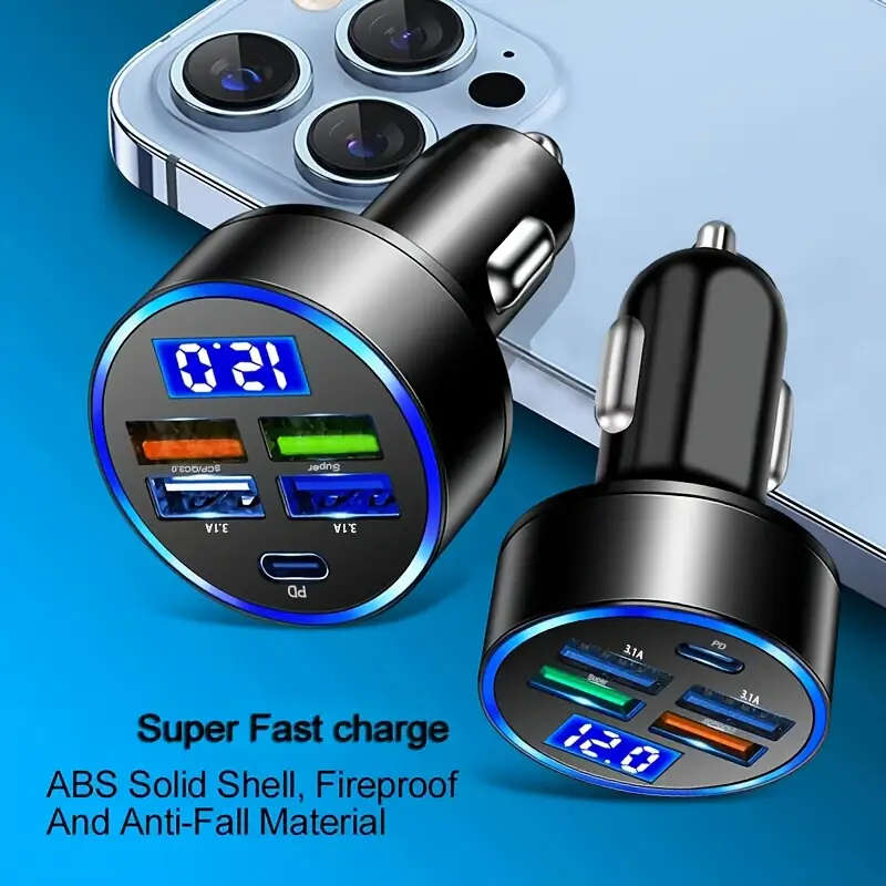 5-Port Car Charger with LED Display - Fast Charging for Multiple Devices, Universal 12-24V Adapter