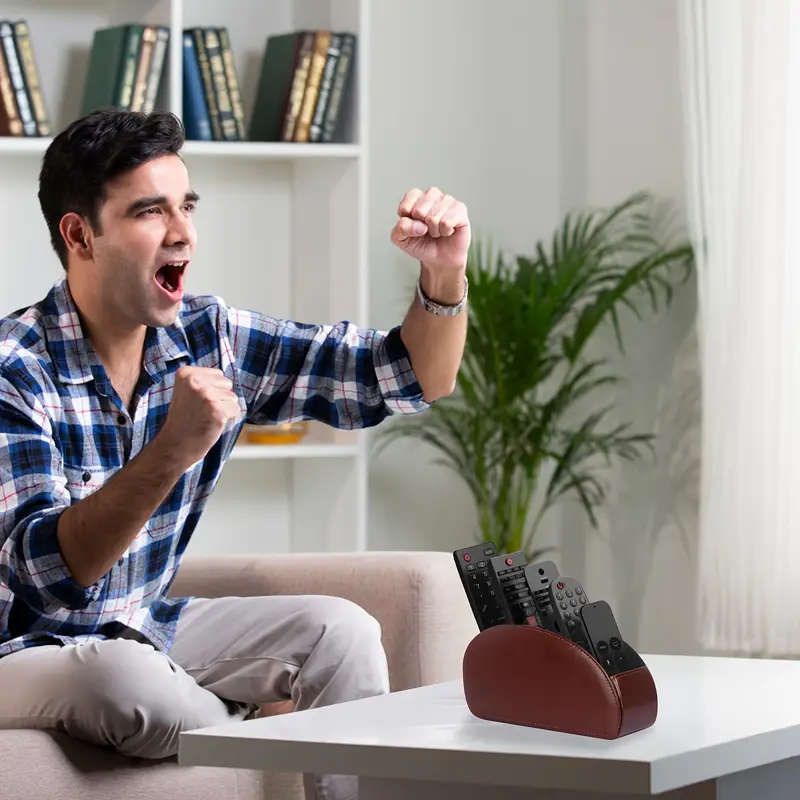 1pc Remote Control Holder with 5 Compartments PU Leather Remote Control Box for Desktop Storage Suit