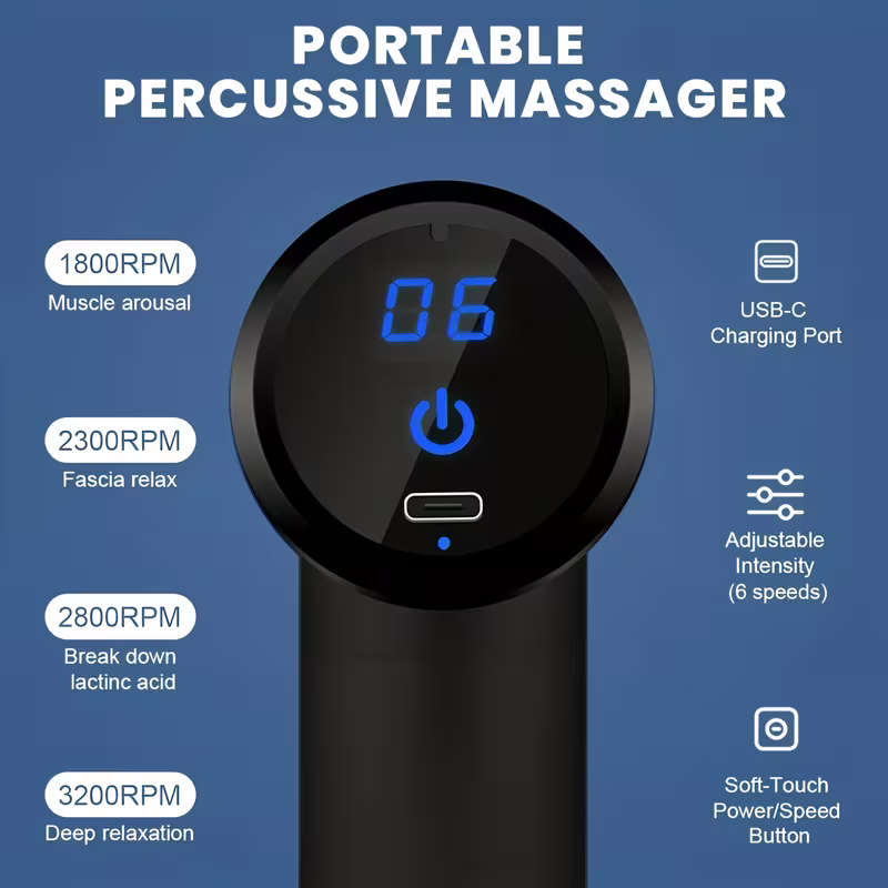USB Rechargeable 4 Head Interchangeable Massage Gun With 6 Adjustable Settings LCD Display