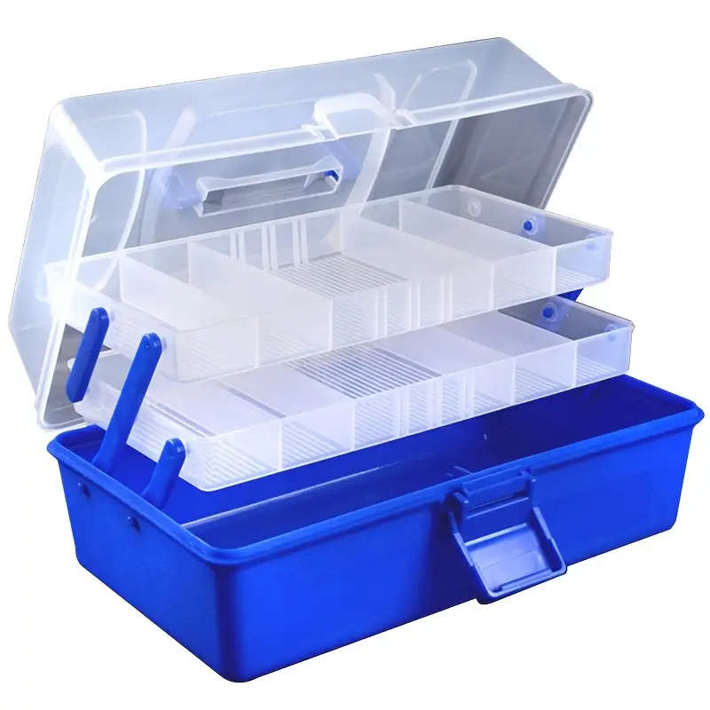 1pc Blue 3-Layer Portable Fishing Tackle Box Durable PP Material Multi-Compartment Storage for Baits