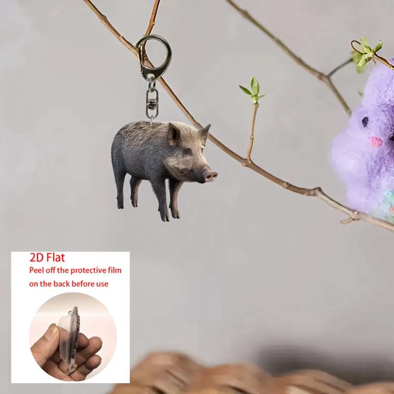 1pc 2D Flat   Cute Wild Boar Acrylic Keychain Waterproof  Design Realistic Fur Texture