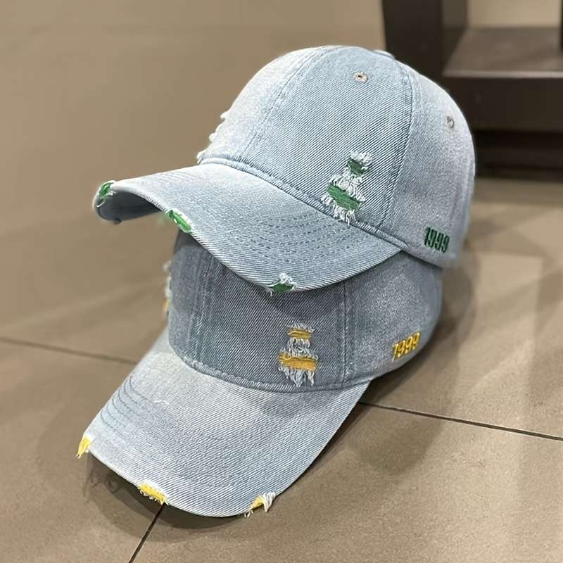 1pc Unisex Denim Baseball Cap 1999 Distressed Embroidery Lightweight Adjustable Button Closure