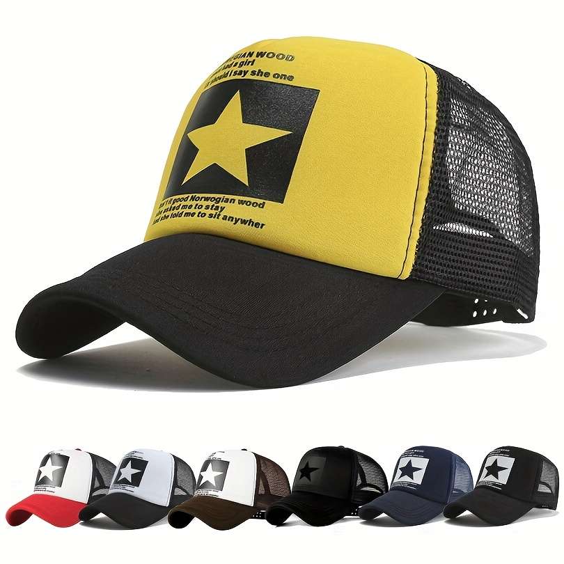 1pc Adjustable Breathable Mesh Trucker Hat with Star Patch Lightweight Sun Protection Baseball Ca
