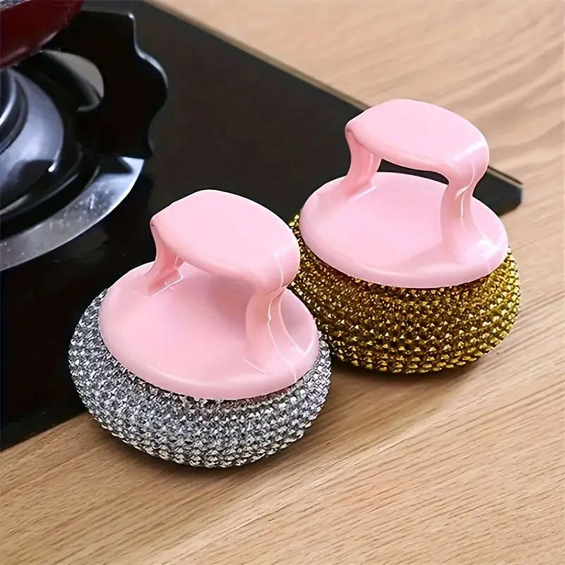 2pcs Stainless Steel Sponge Handle Scrub Bru  Kitchen Cleaning Tool On-Scratch Nano Wire Detachable