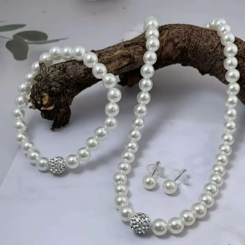 3 Piece White Faux Imitation Pearl Necklace Bracelet Earrings Set Rhinestone Ball