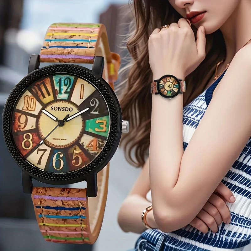 1Pc Women'S Wooden Quartz Wrist Watch Fashionable Alloy Case and Faux Leather Band