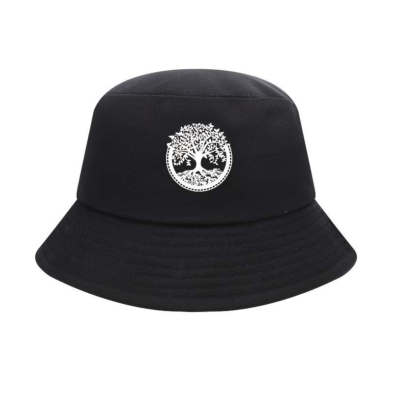 Elegant Black Bucket Hat With White Tree Embroidery Comfortable Breathable Stylish Knit Fi