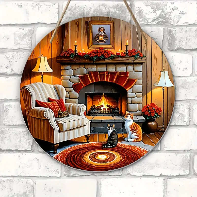Cozy Fireplace Wooden Wall Art Rustic 2D Printed Hanging Decor With Cats And Garland Ideal