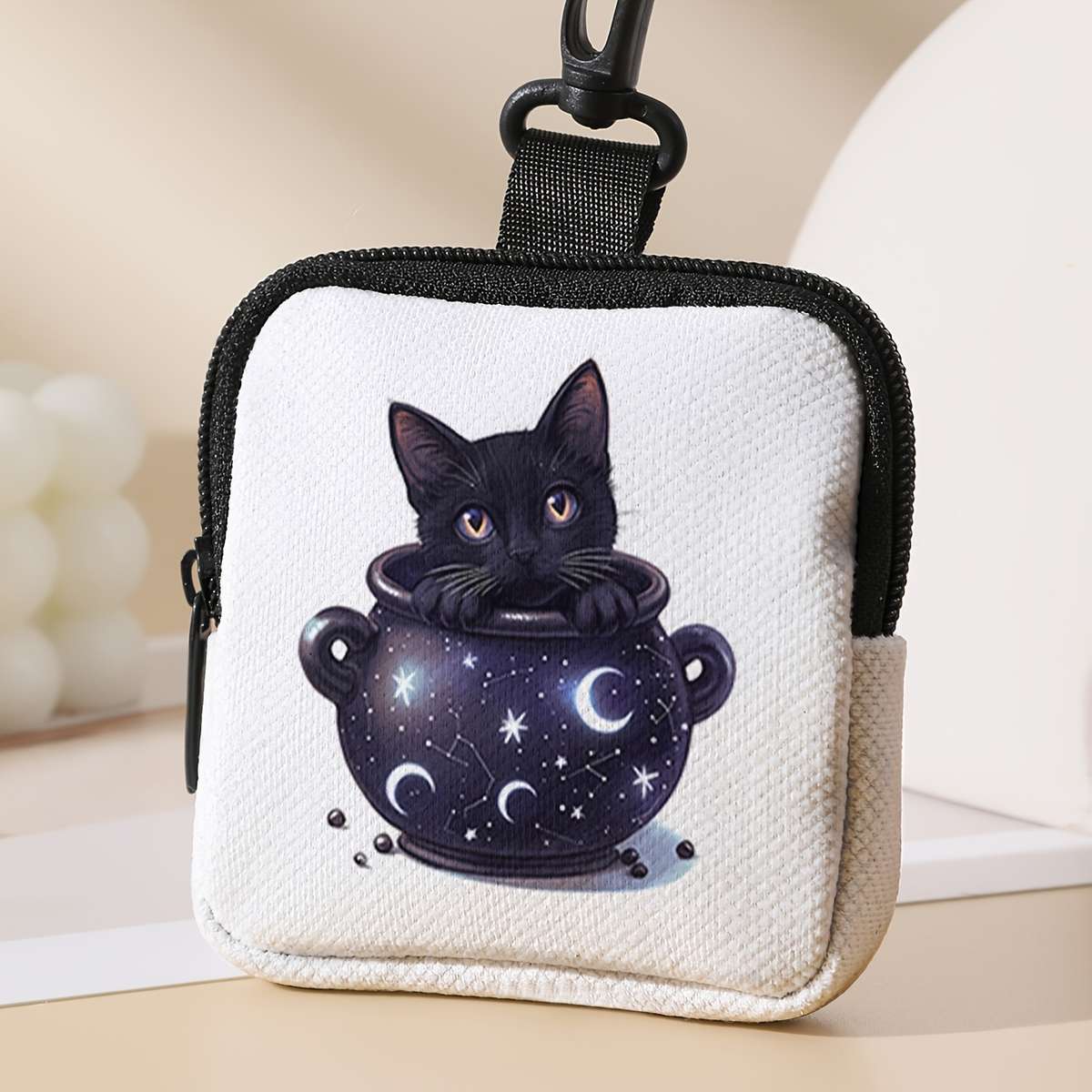 Contemporary Moon Jar Kitten Polyester Coin Wallet Large Capacity Zippered Digital Print S