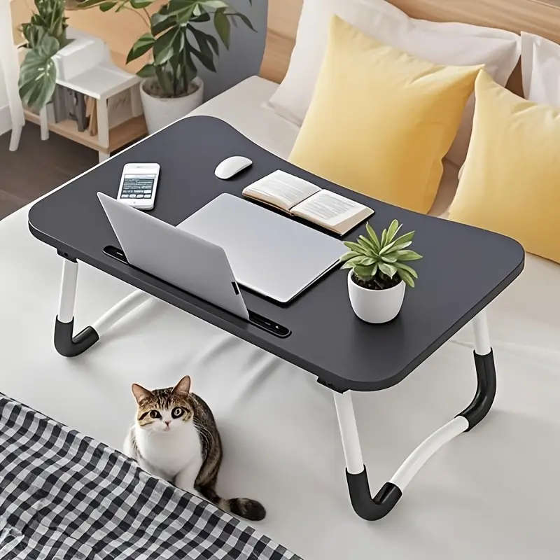 1pc Portable Folding Bed Table - Wood Fiberboard Compact Computer Desk with Sleek Black Surface & Wh
