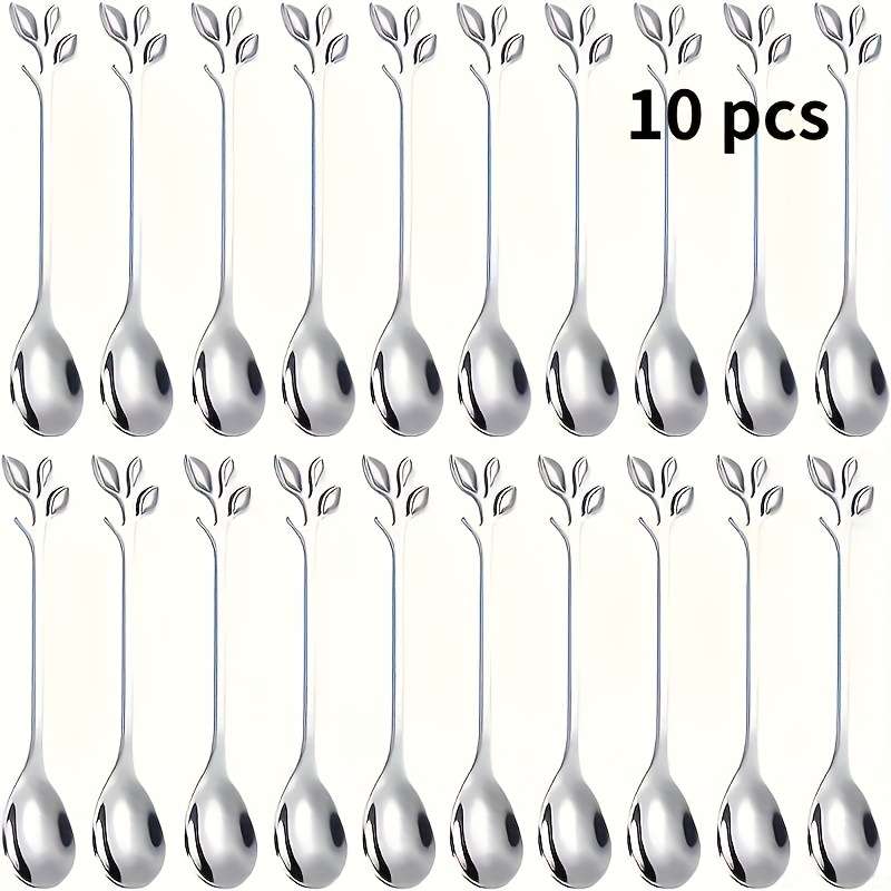 10Pcs Elegant Leaf Design Coffee Spoons Stainless Steel