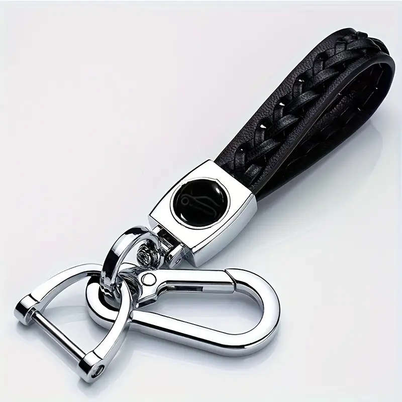 1 x Men's Braided PU Leather Strap Car Keychain Silvery