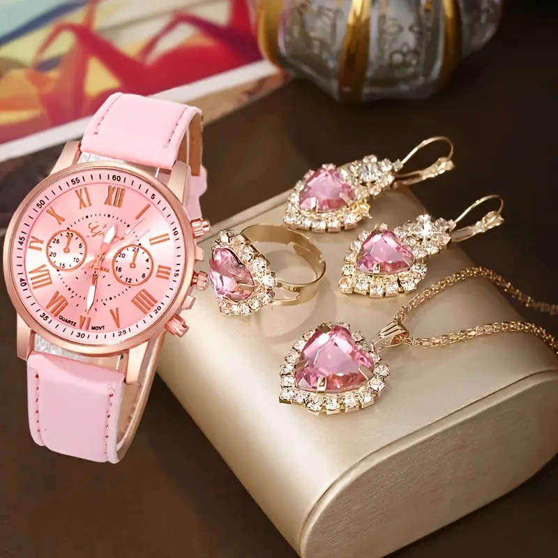 4pcs Set Elegant Women'S Fashion Round Dial Quartz Watch and Jewelry Set Shock-Resistant Analog Disp