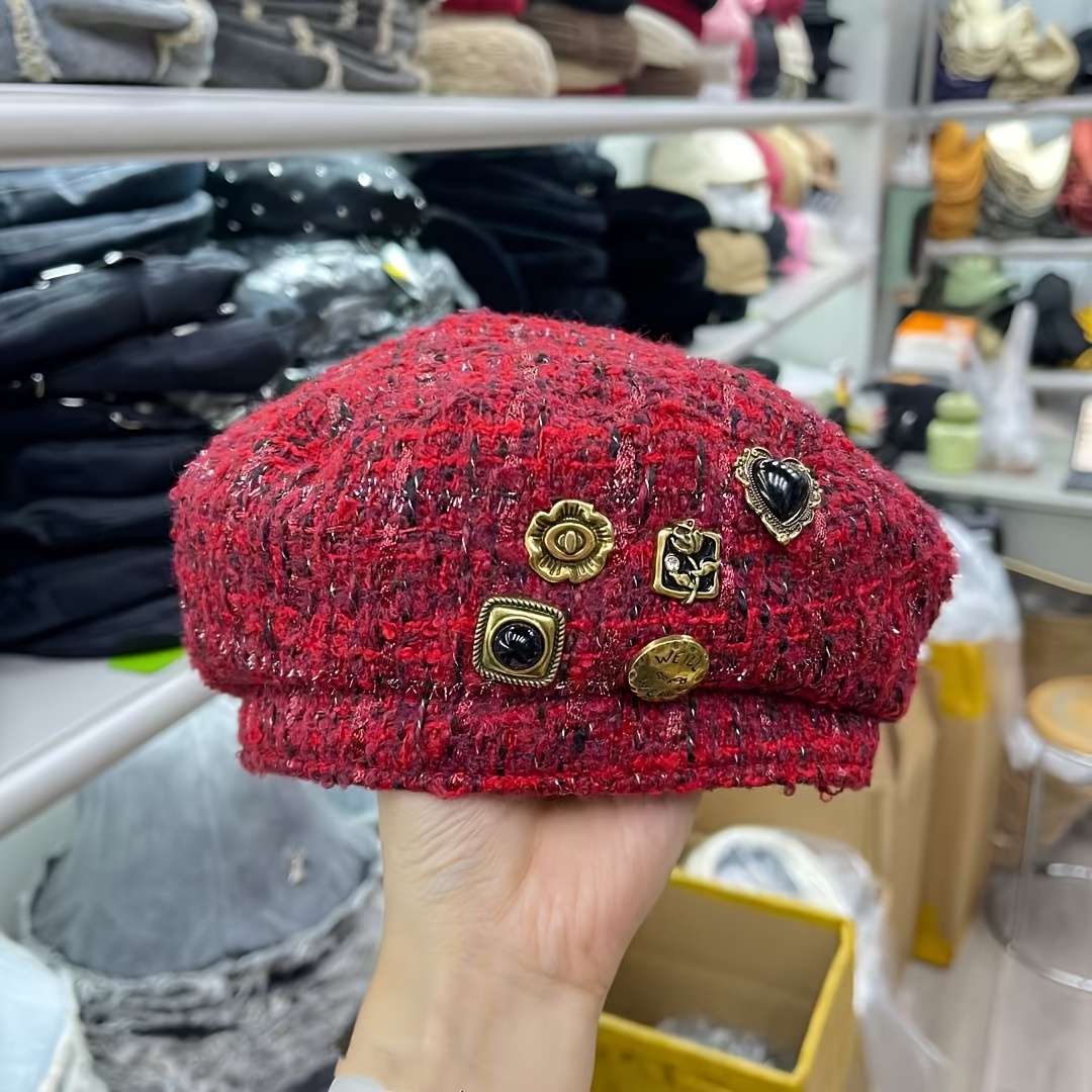 1pc Elegant Women'S Beret Hat with Decorative Badges Polyester Stripe Craftsmanship Packable I