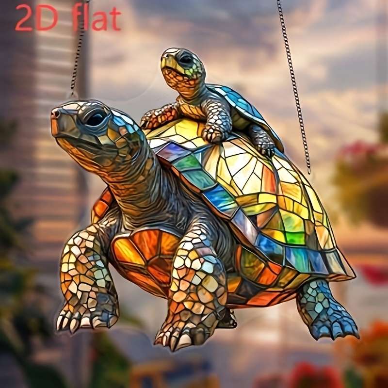 2D Flat Vibrant Stained Glass Style Turtle Light Catcher 20.32Cm X 18.03Cm Acrylic Wall Hang