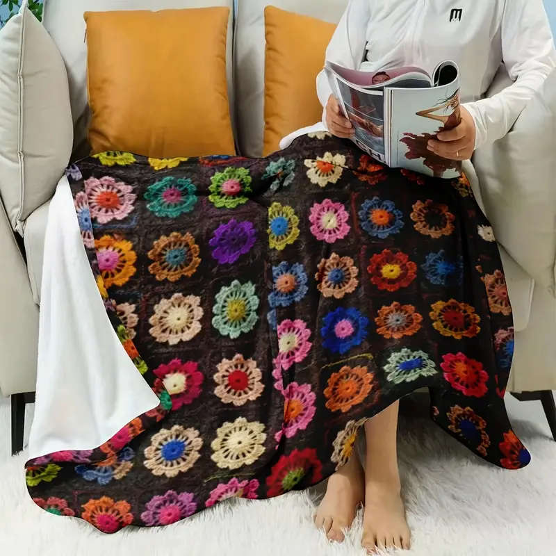 1 Handmade Vintage Crochet Flower Afghan Blanket 70*100CM