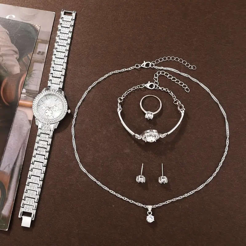 6-Piece Women's Fashion Quartz Watch Silver Rhinestone Necklace Earring Ring Set