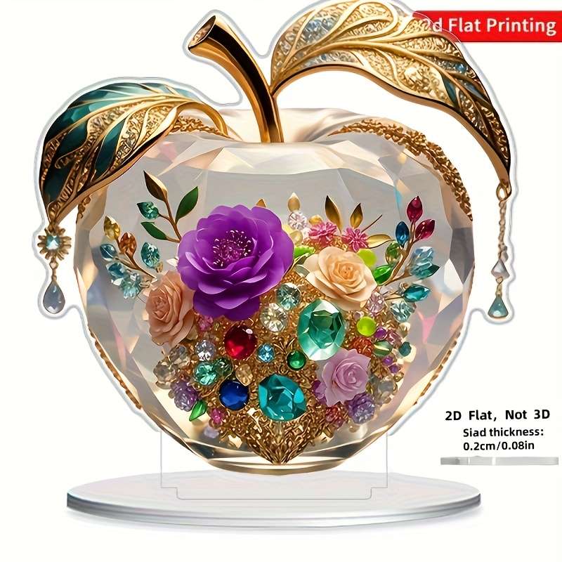 1pc 2D Flat  Printing  Acrylic Apple Floral Desk Decor Vibrant Rose Gemstone Design Ide