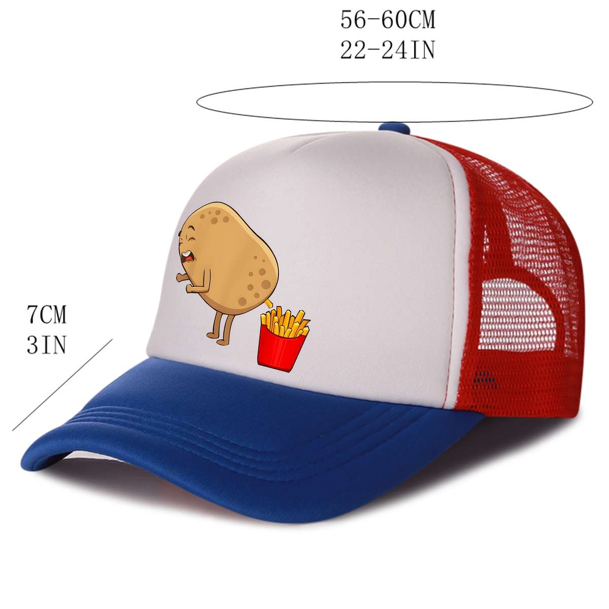 1pc Funky French Fries Cartoon Print Snapback Hat Breathable Polyester Mesh Trucker Cap with Colo