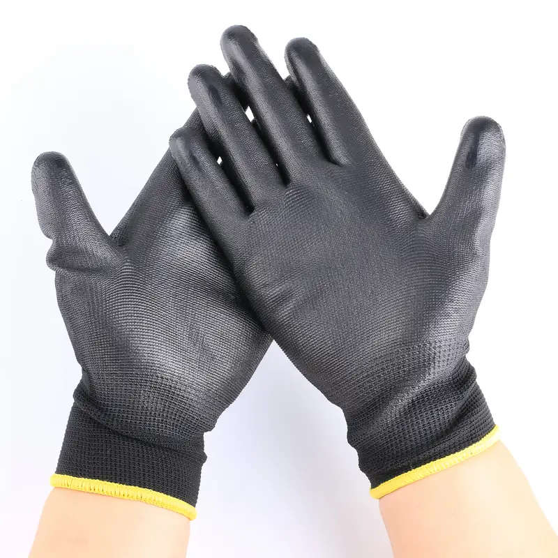 8pcs Durable Black Work Gloves Size S Non-Slip Tear-Resistant PU Coated Palm for Gardening Construct
