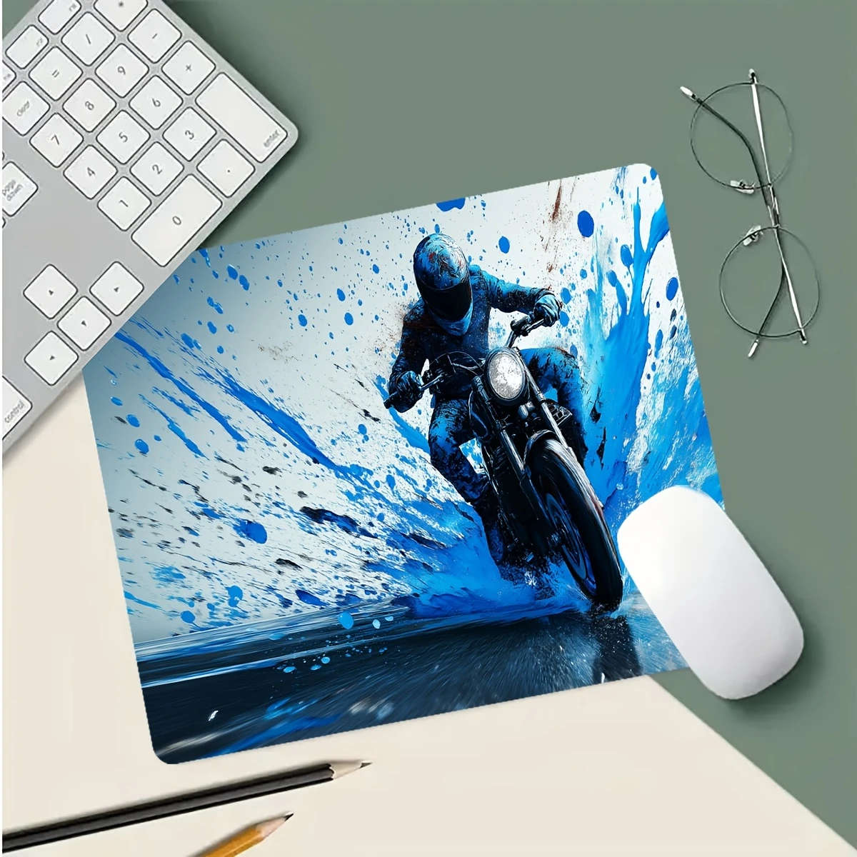 1pc 21x26cm Gaming Mouse Pad with Dynamic Blue Motorcycle Splash Design