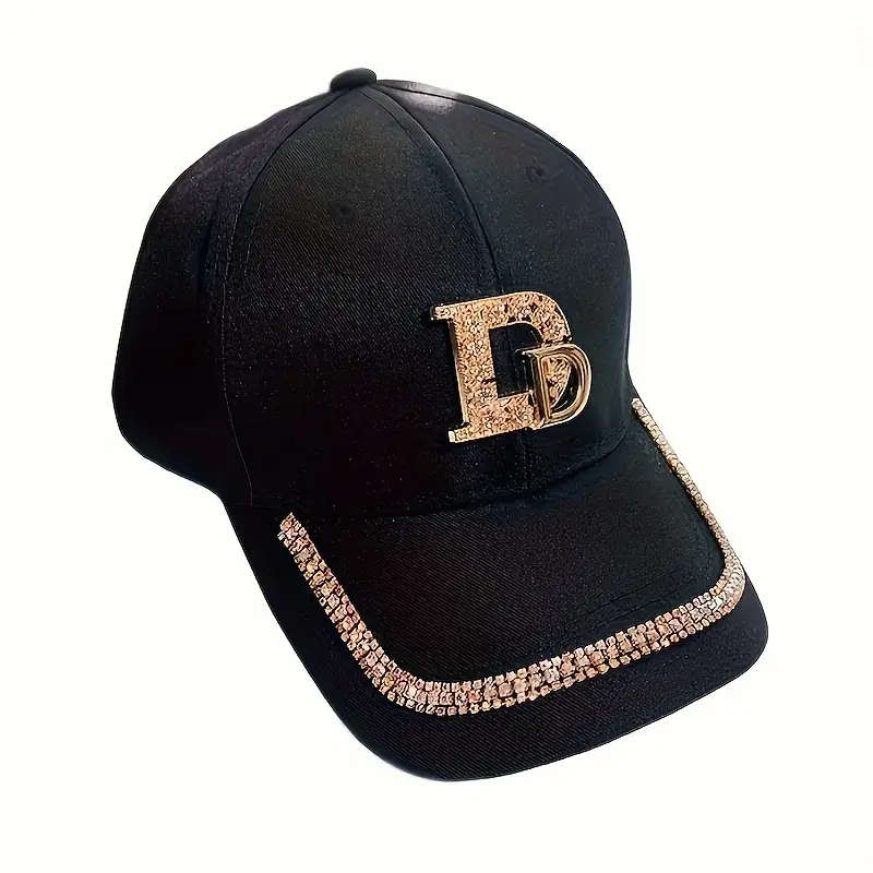 Stylish Black Baseball Cap With Golden Letter D Rhinestone Trim Adjustable Toggle
