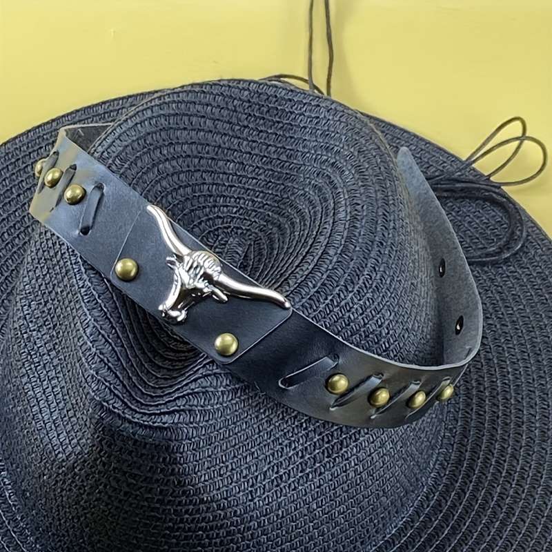 1pc Vintage Western Cowboy Hat with Intricate Silvery Horse Buckle Decor Black Faux Leather B