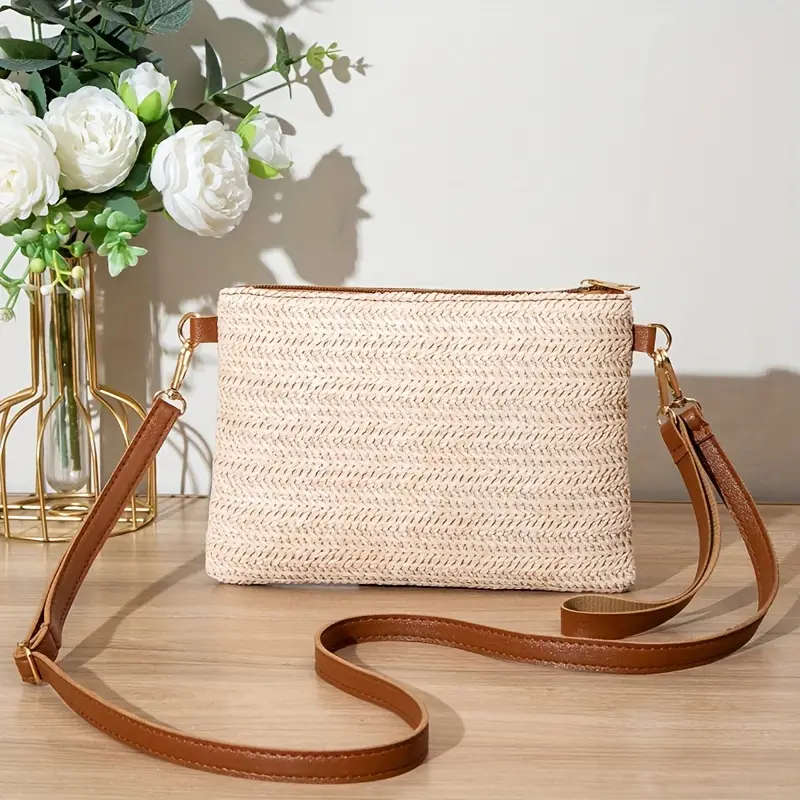 Straw Woven Handbag, Small Lightweight And Safe With Zipper Closure