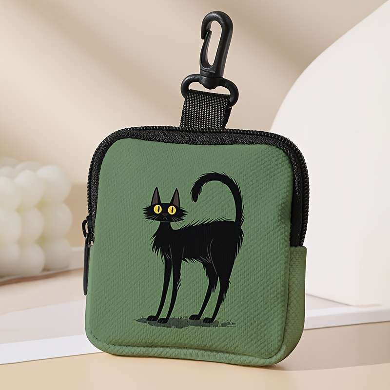 Green Bottom Cat Print Coin Purse With Zipper And Buckle Multi-Purpose Storage Bag