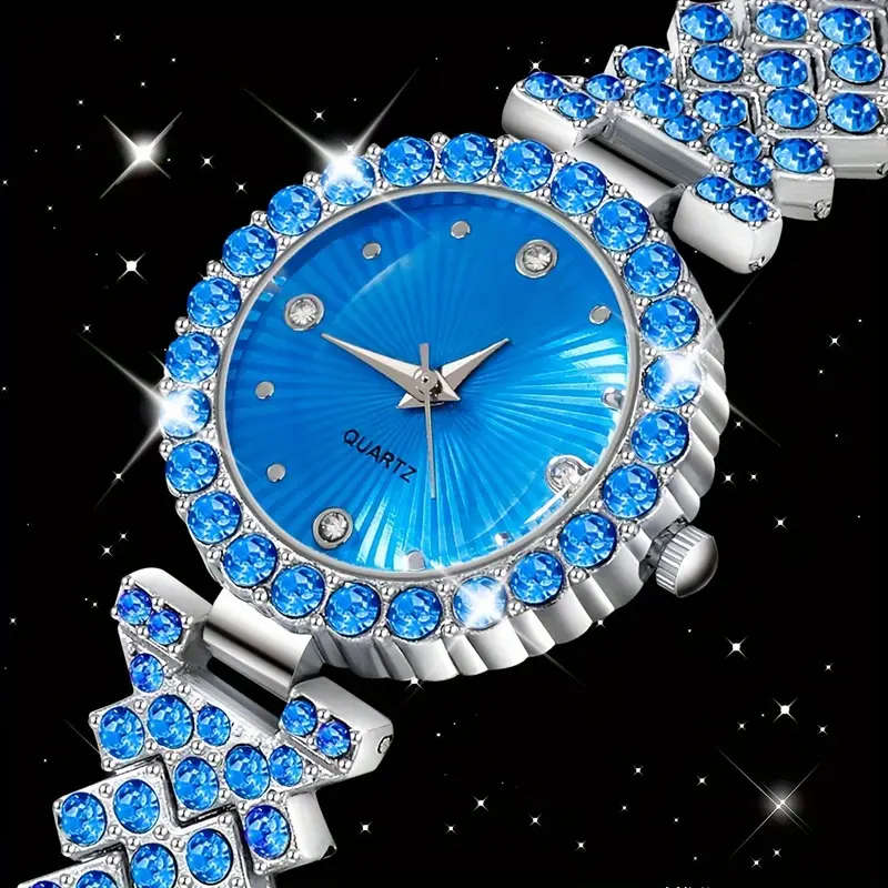 5pcs Elegant Women's Quartz Watch Heart-Shaped Gemstone Jewelry Set Glamorous Blue Crystal Wristwatc
