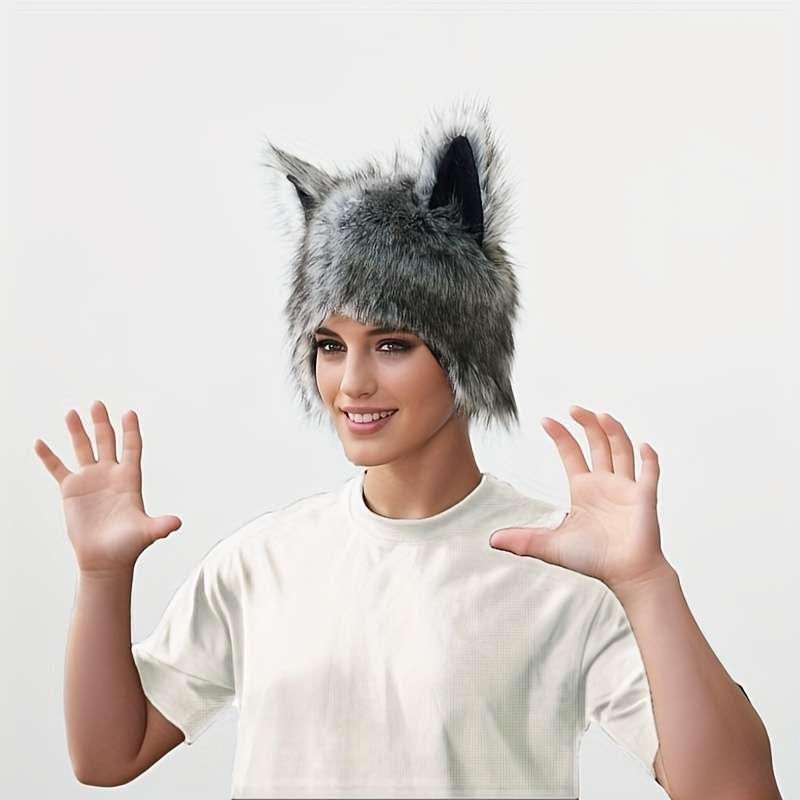 1pc Unisex Wolf Plush Street Style Hat Animal Themed Headwear For Halloween Christmas Party Costu