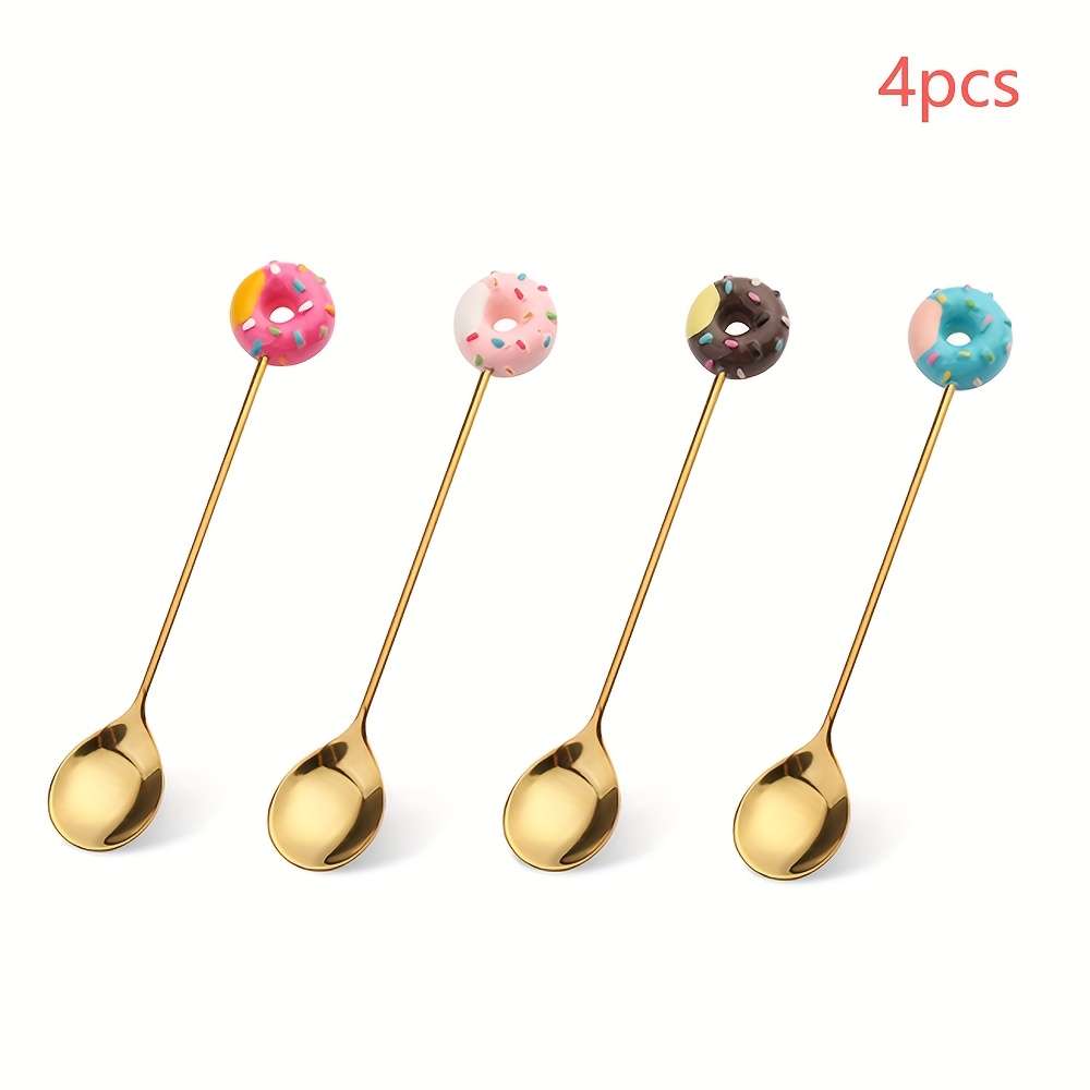 4pcs Cute Donut Theme Stainless Steel Coffee Spoon Fork Elegant Golden Dessert Spoon Fruit