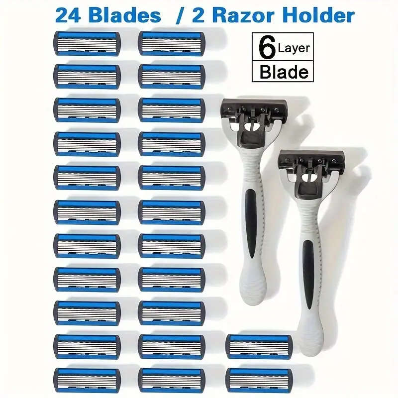 Men`s Manual Shaver Set, 2 Handle + 24 Blades, Safety Razor 6-Layers Stainless Steel