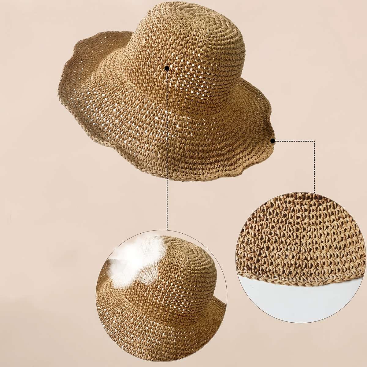 1pc Lightweight Wide Brim Straw Sun Hat for Outdoor Hiking Camping Fishing Breathable Non-Ela