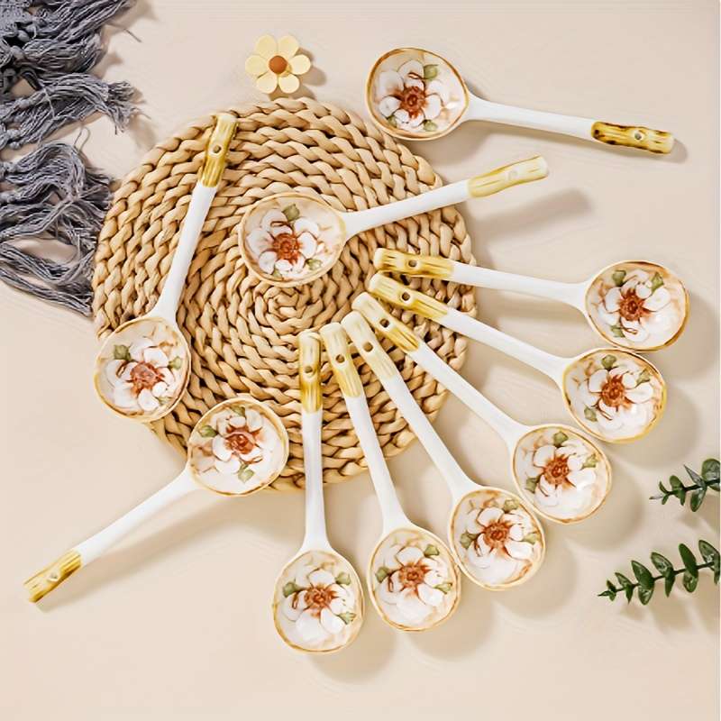 6pcs Elegant Long-Handle Ceramic Coffee Spoons with Floral Design Ideal for Serving Coffee T
