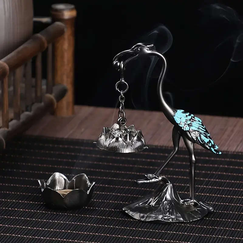 1 Elegant Metal Crane And Lotus Incense Burner