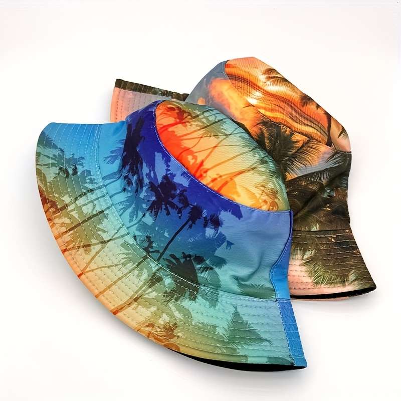 Tropical Sunset Beach Palm Tree Print Reversible Bucket Hat Lightweight Polyester Unisex Fish
