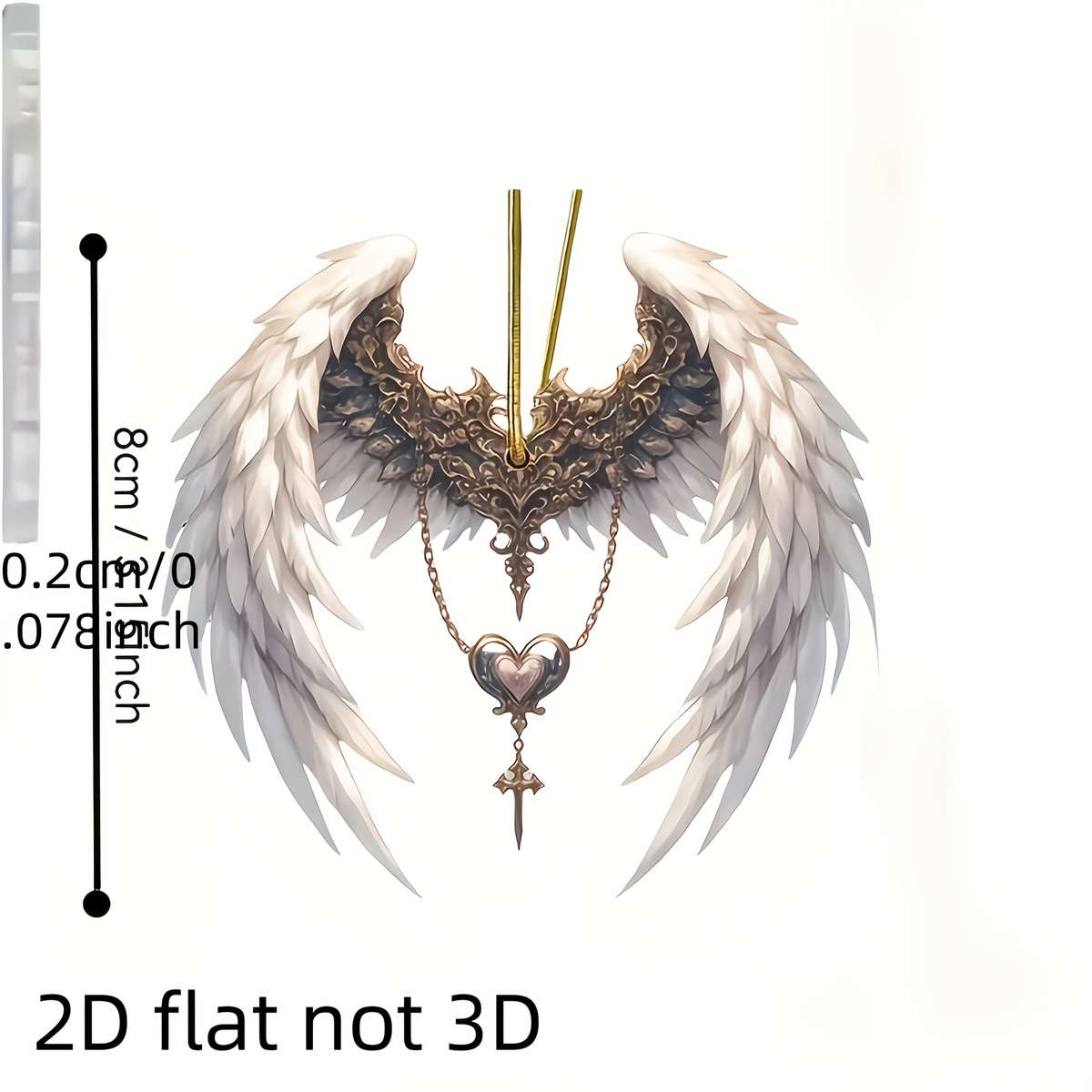 1pc 2D Flat  Elegant  Acrylic Angel Wings Pendant with Heart-Shaped Keychain Ethereal White G