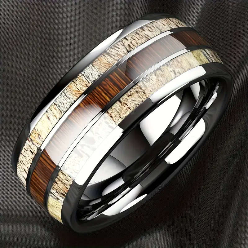 Elegant Men's Stainless Steel Ring with Marble & Wood Inlay
