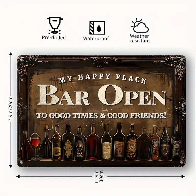 1pc Retro Metal Aluminum Sign My Happy Place Bar Open Tin Sign Wall Art Decor Vintage Garage Wall