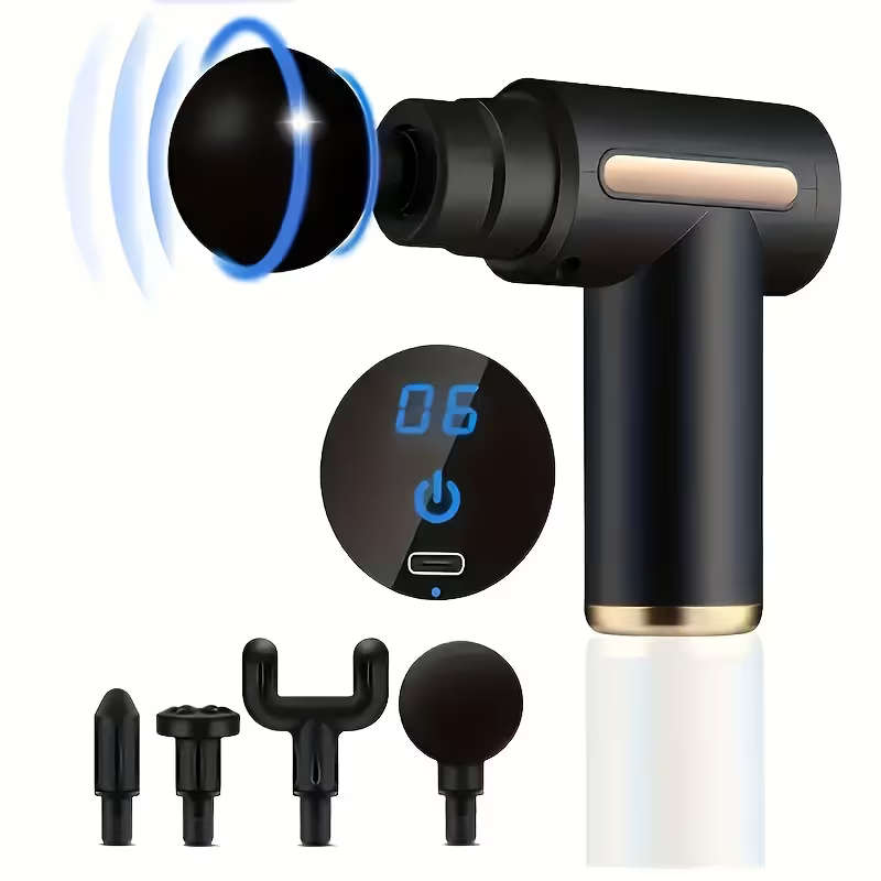USB Rechargeable 4 Head Interchangeable Massage Gun With 6 Adjustable Settings LCD Display