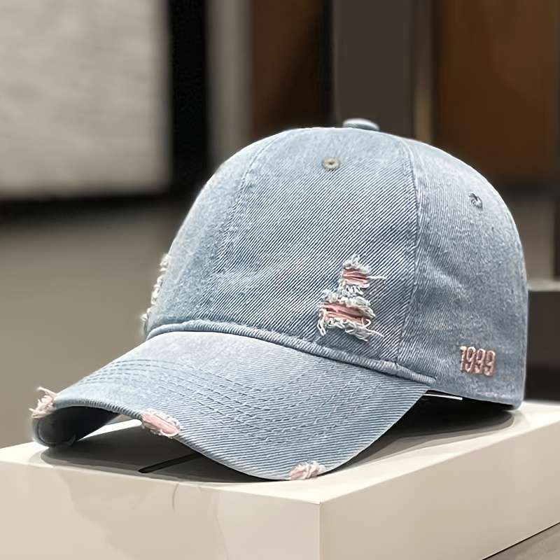 1pc Unisex Denim Baseball Cap 1999 Distressed Embroidery Lightweight Adjustable Button Closure