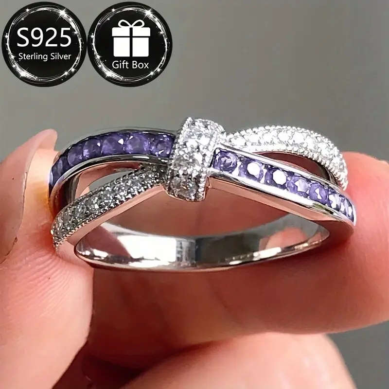 925 Sterling Silver Ring with Sparkling Purple Cubic Zirconia, Boho-Chic Style