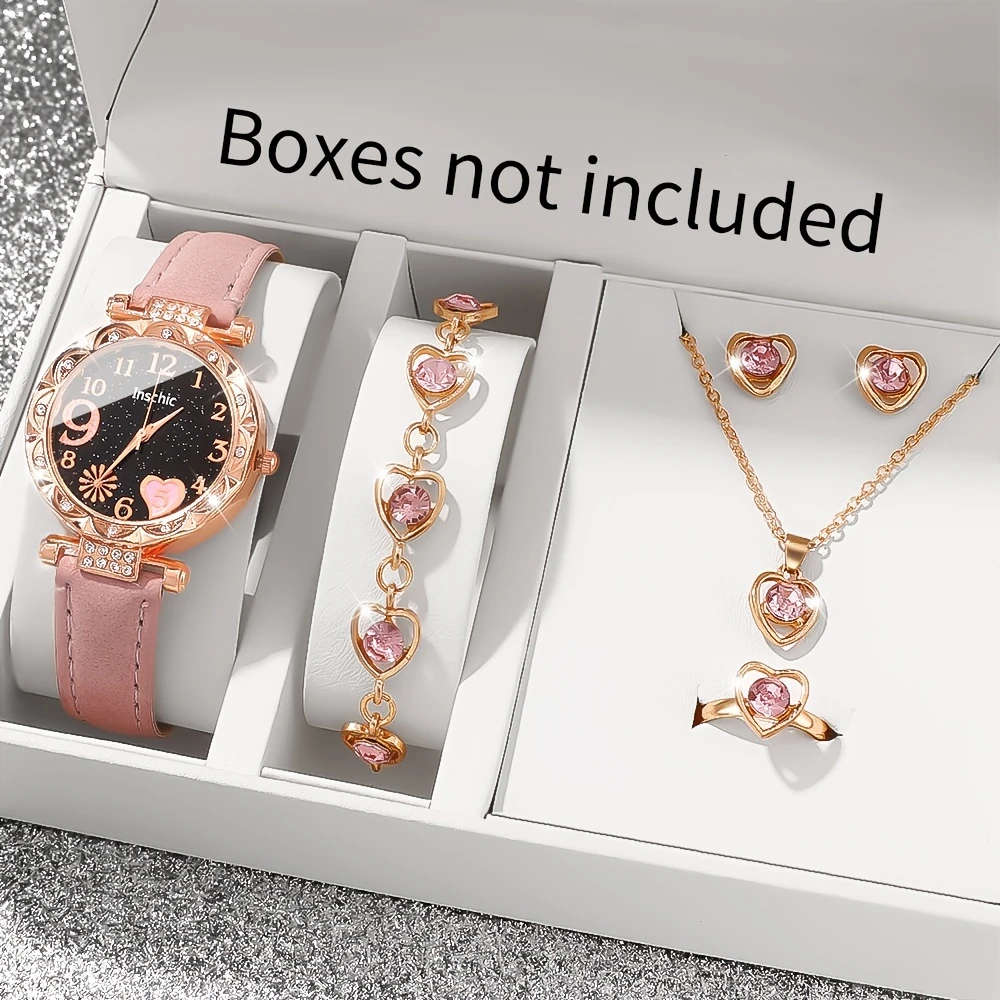 6pcs set Simple Style Quartz Watch and Jewelry Set for Women Round Zinc Alloy Case Faux Leather Band