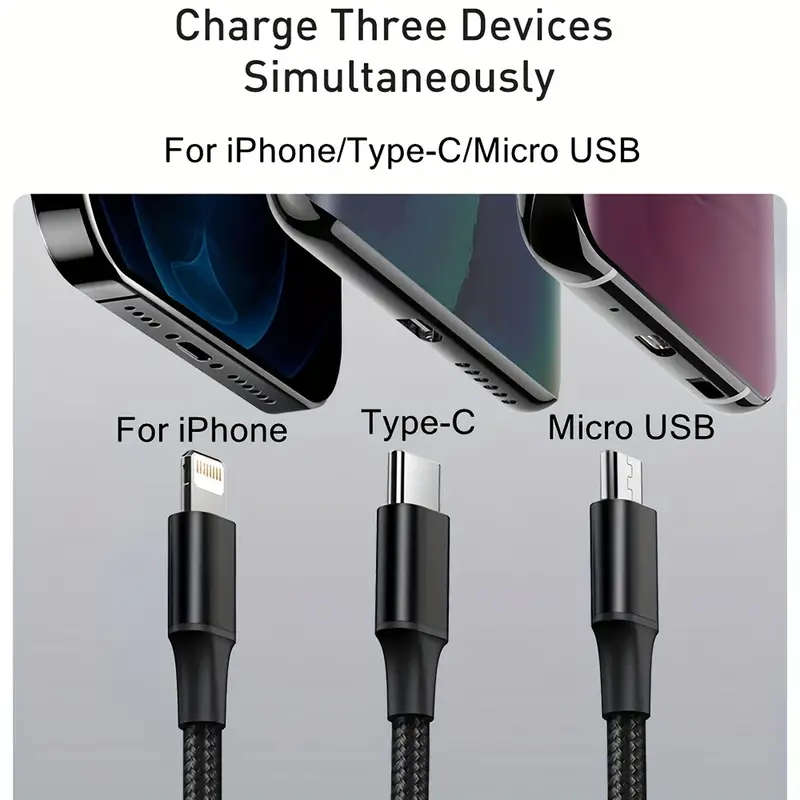 1pc Multi USB Charger Cable 3in1 Charging Cable Nylon Braided Universal USB Charging Cord with Type-