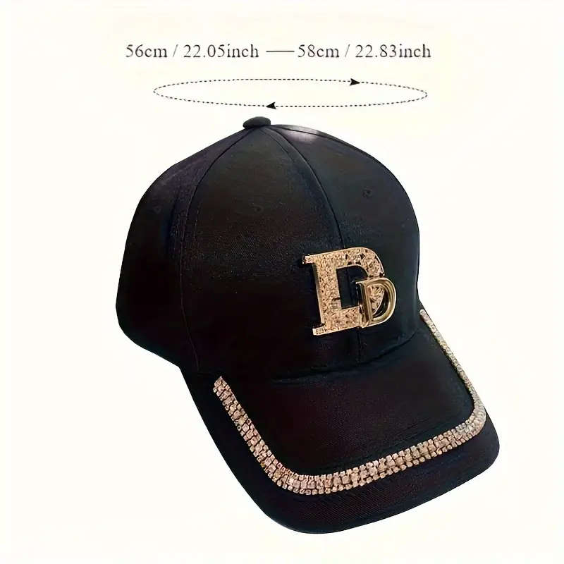 Stylish Black Baseball Cap With Golden Letter D Rhinestone Trim Adjustable Toggle