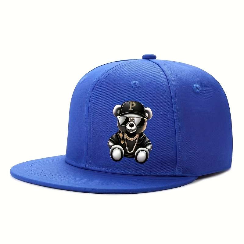 1pc Adjustable Hip-Hop Baseball Cap with Cute Bear Pattern Sun Protection Lightweight Flat Brim