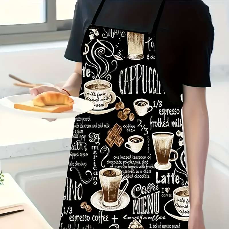 1pc Coffee-Themed Apron Black Polyester Colorful Espresso Latte Design Perfect for Home